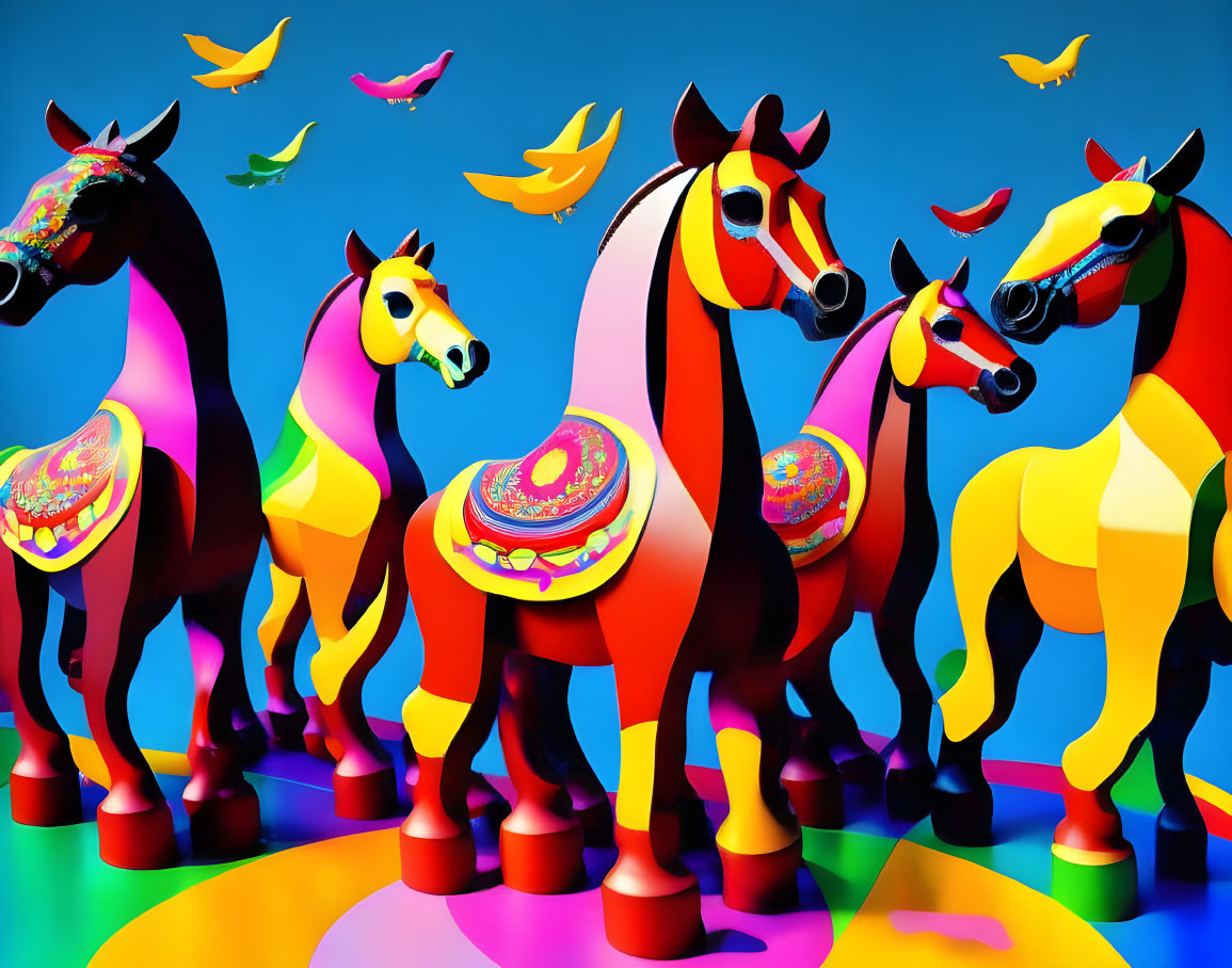 Vibrant digital art: horses in sombreros on blue background with birds