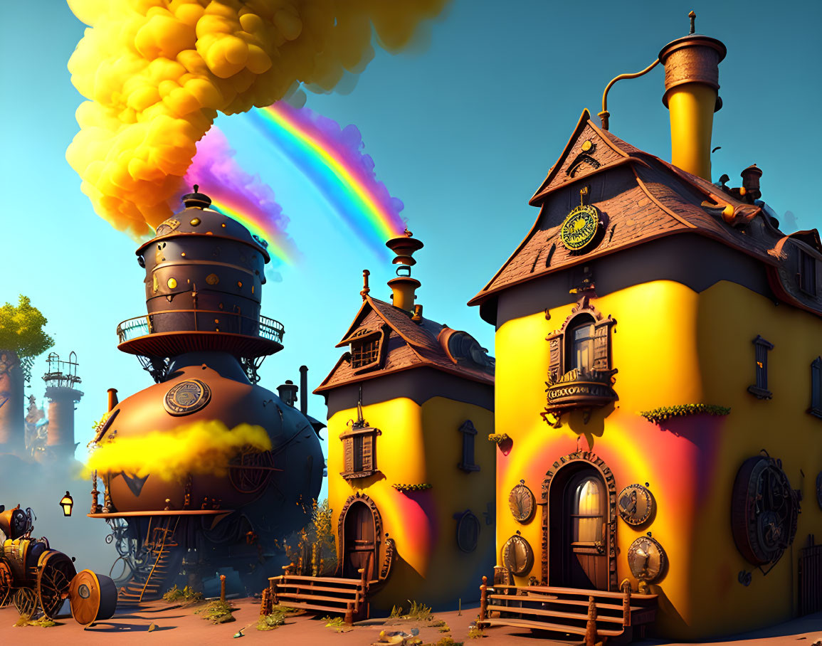 Steampunk scene with yellow building, gears, and rainbow under blue sky