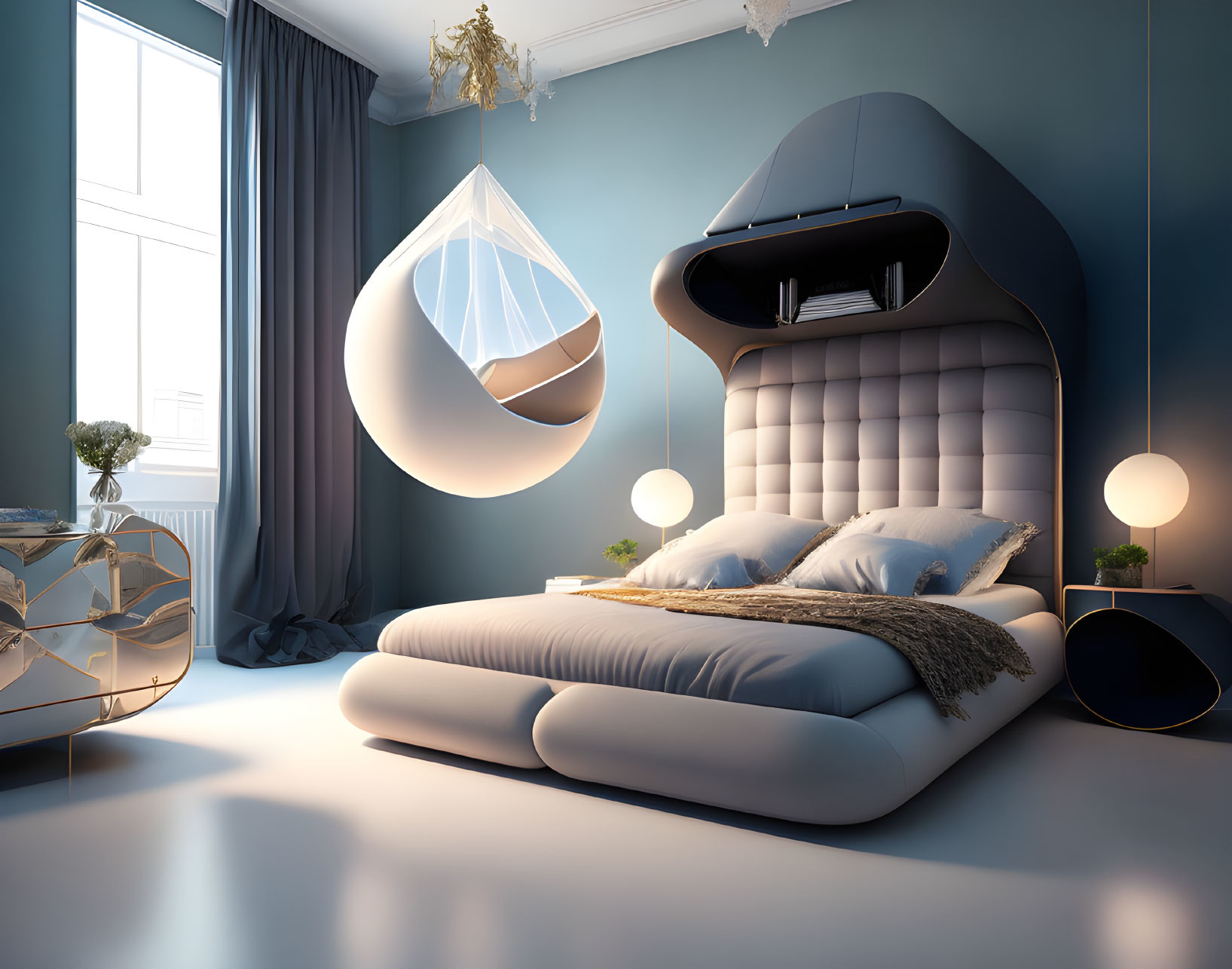 Spacious modern bedroom with large bed, hanging chair, floating nightstands, and blue walls