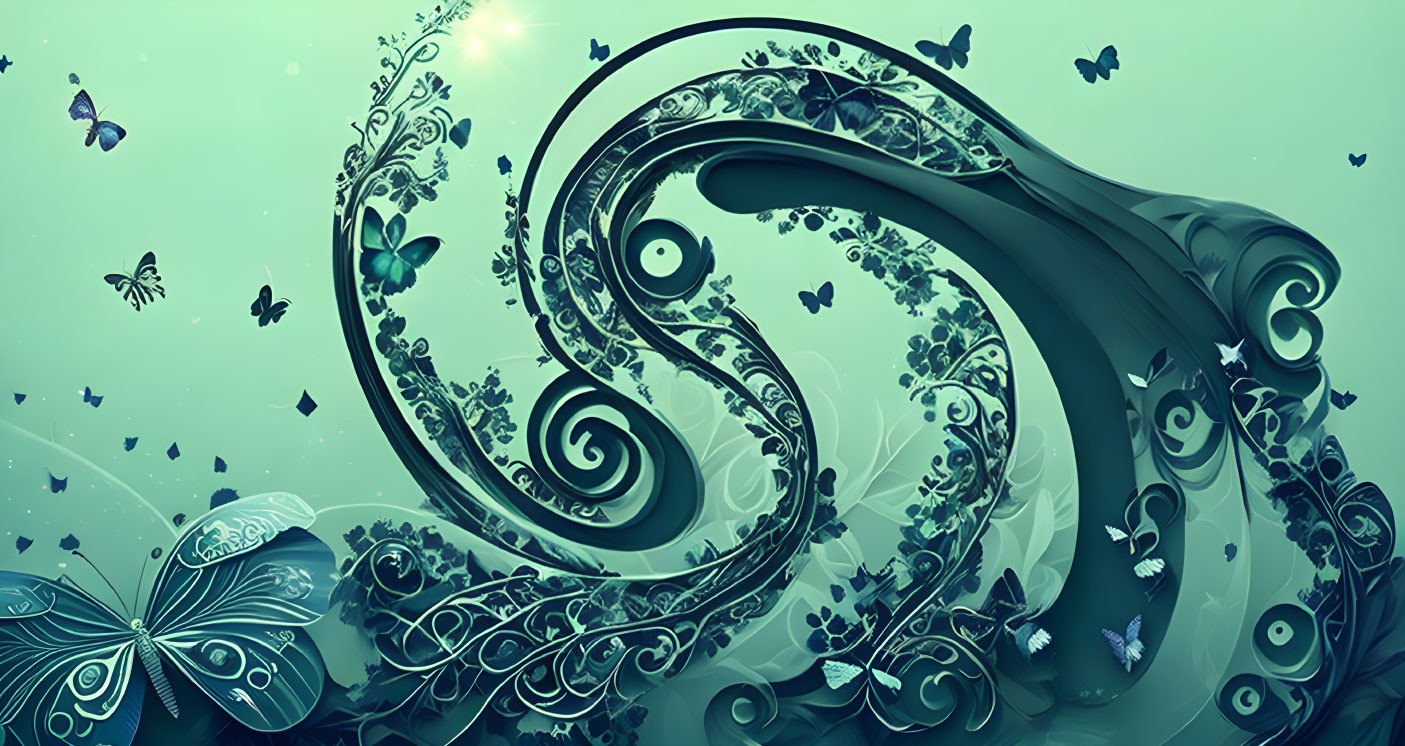 Teal abstract art with swirling patterns, florals, and butterflies