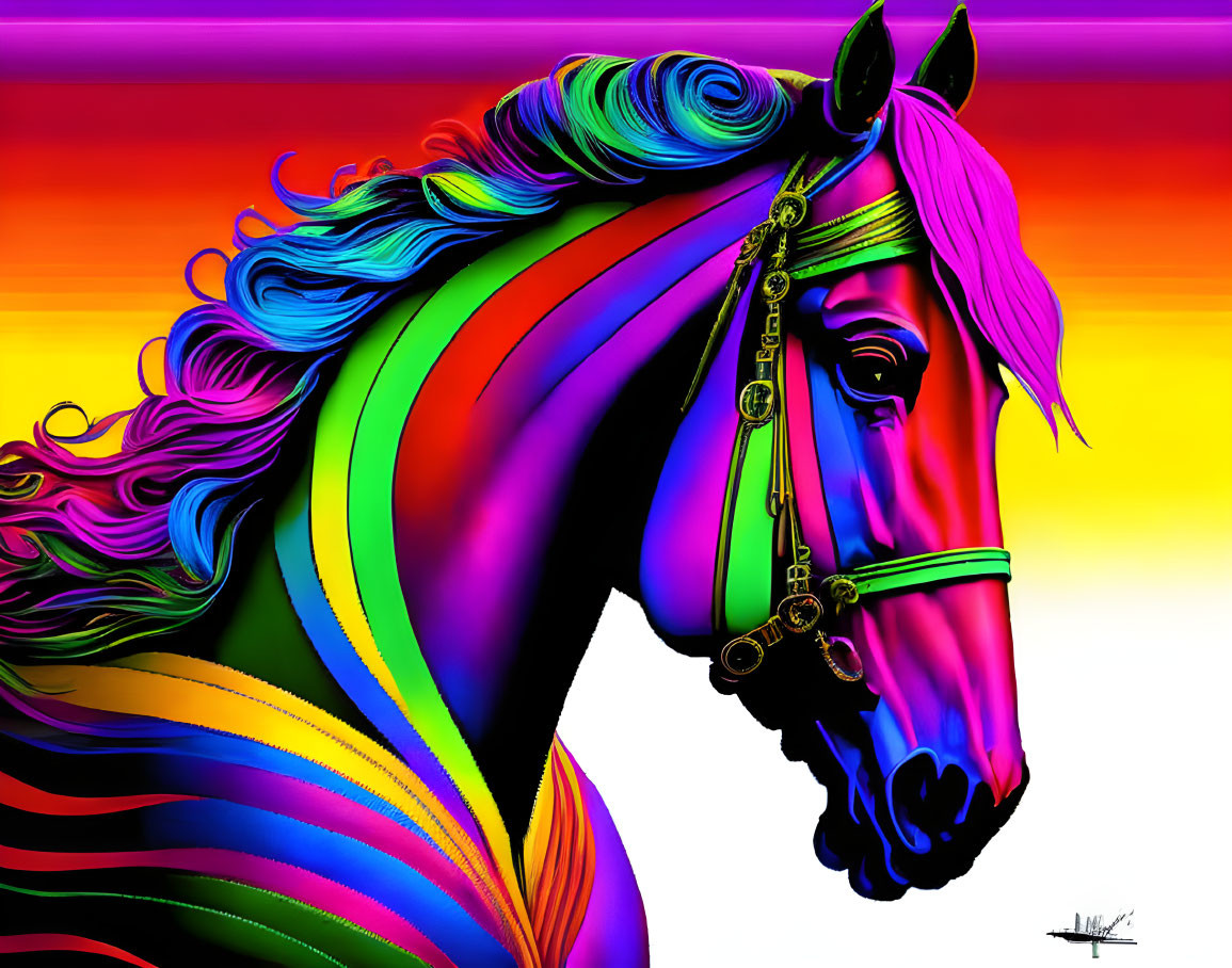 Colorful Horse Art with Rainbow Mane on Striped Background