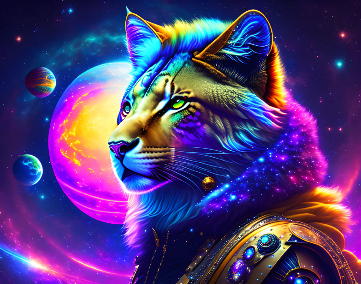 Colorful digital artwork: Cosmic lion blending into starry galaxy, with planets and moon.