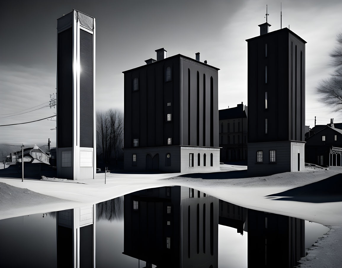 Monochromatic modern buildings reflected in water.