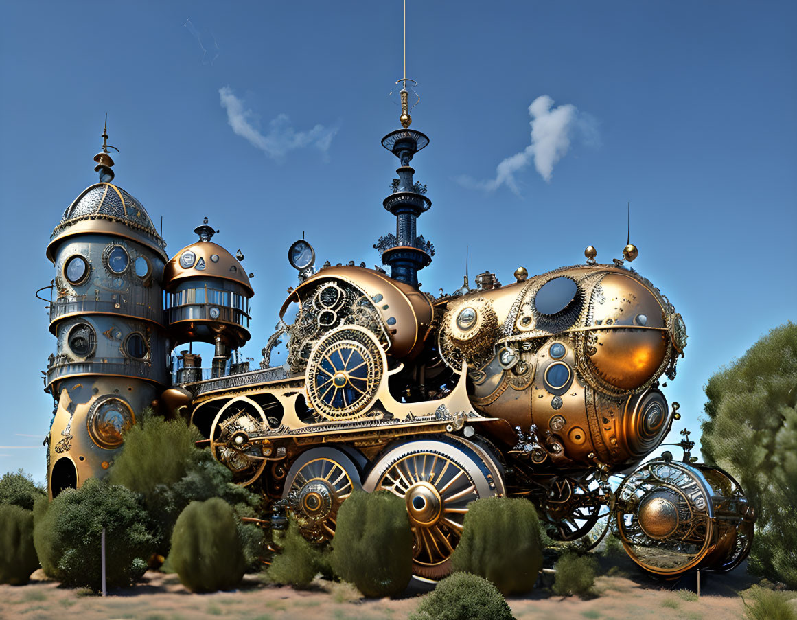 Steampunk-style structure with gears, domes, and spires in a fantasy landscape