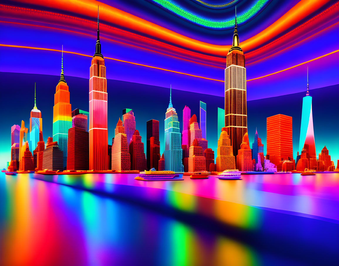 Colorful City Skyline Illustration with Neon Lights and Reflections