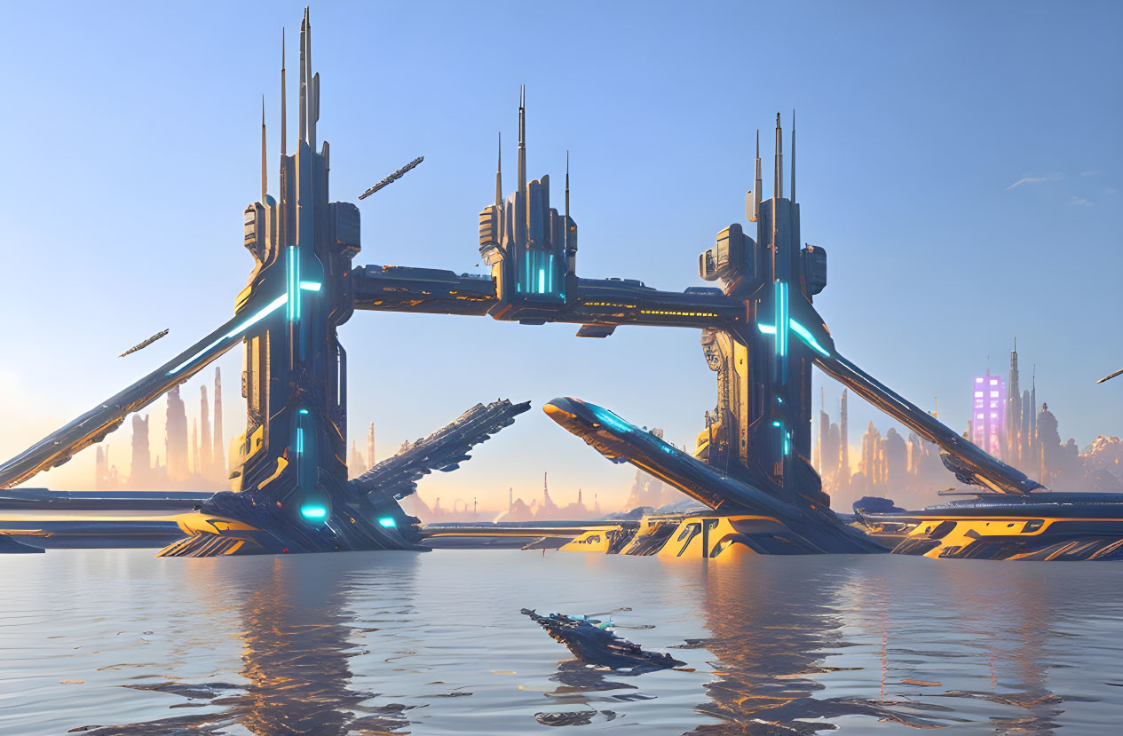 Futuristic cityscape with towering structures and neon lights reflected in water