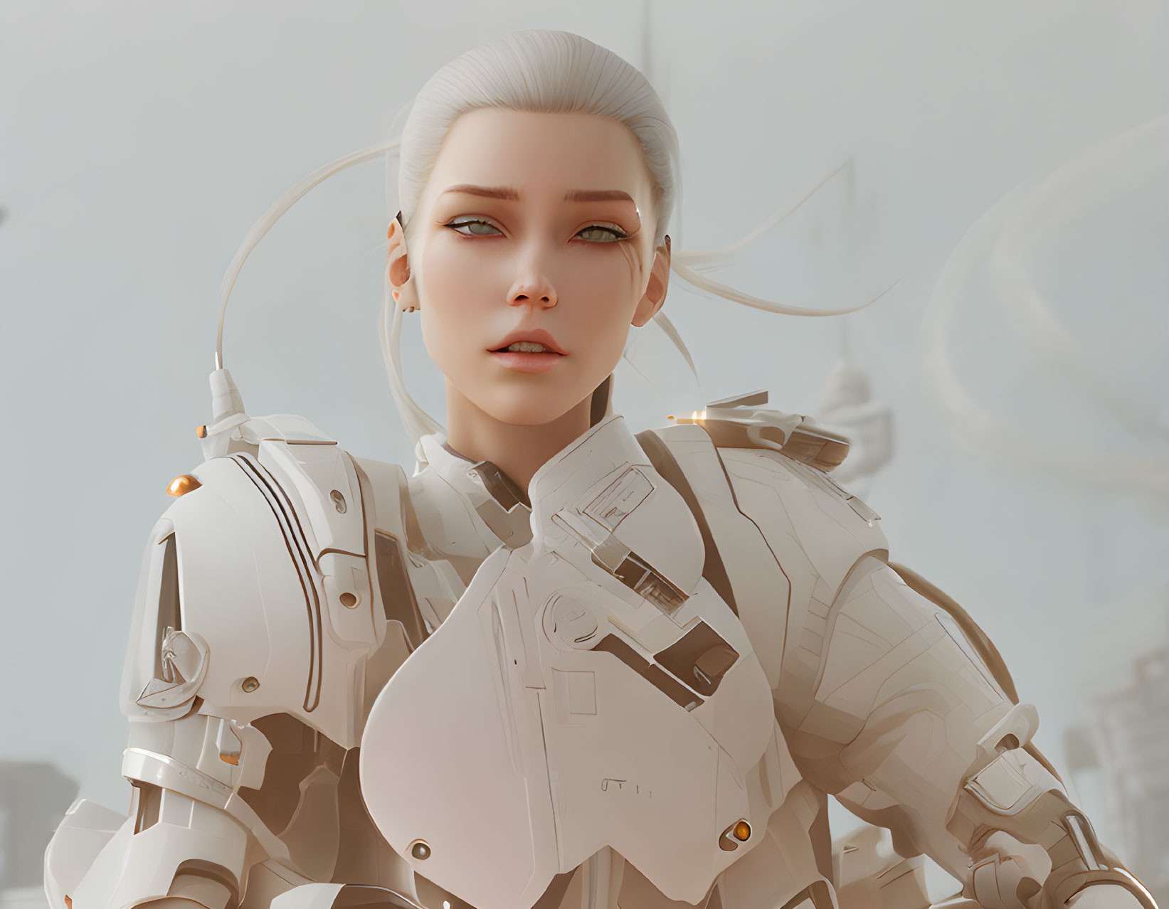 Female cyborg digital artwork: white armor, green eyes, platinum blonde hair.