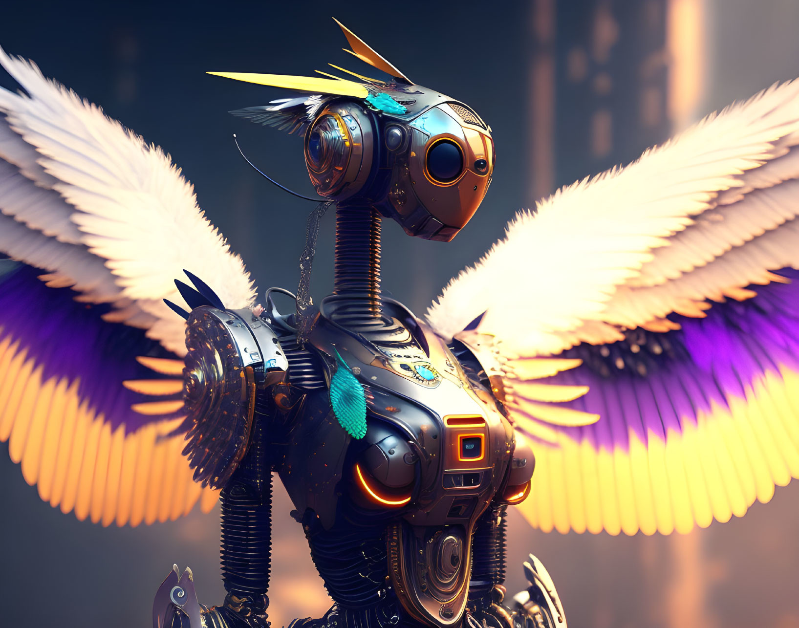 Robotic owl with intricate details perched on metallic structure