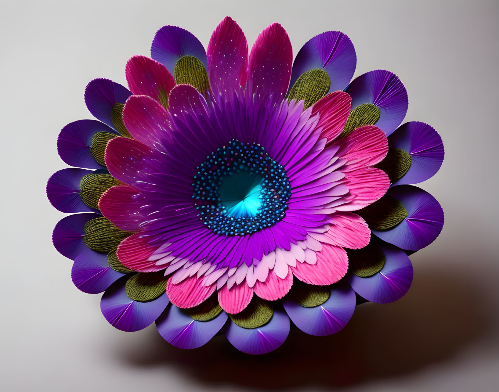 Symmetrical Floral Digital Art in Vibrant Purple, Pink, Blue, and Gold