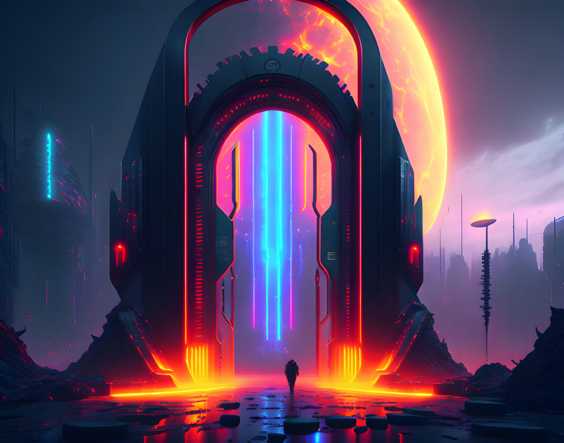 Futuristic cityscape with neon-lit portal under red moon