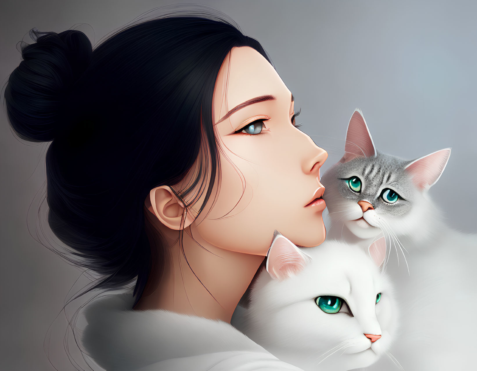 Woman with bun hairstyle holding two white cats on gray background