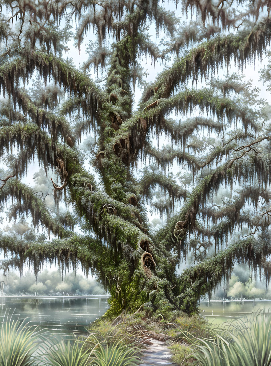 Majestic tree with Spanish moss by tranquil lake