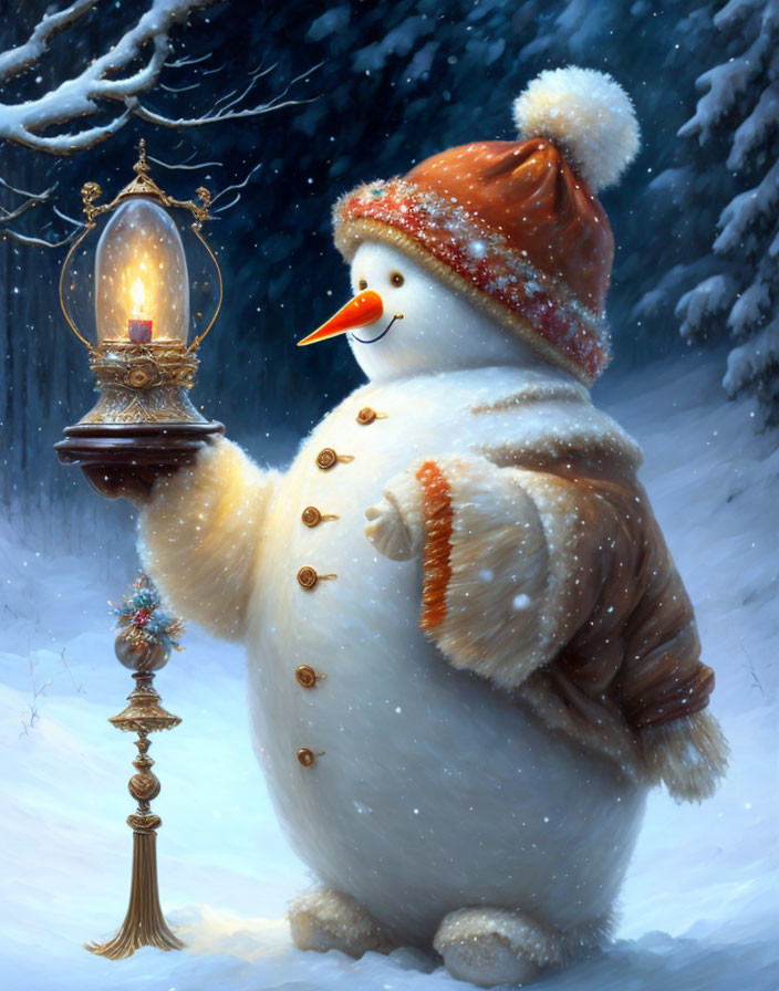 Snowman with lantern in snowy evening scene