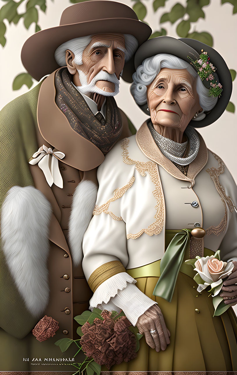 Elderly couple in vintage attire, man in brown coat and hat, woman in cream dress with