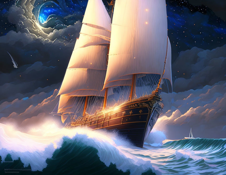 Sailing ship with billowing sails on turbulent waves under starry night sky