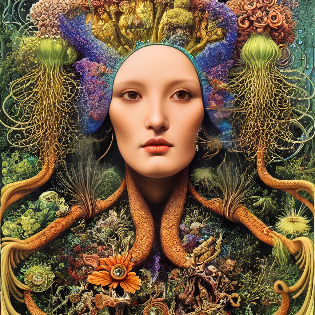 Colorful Flora and Fauna Motifs in Surreal Woman's Portrait