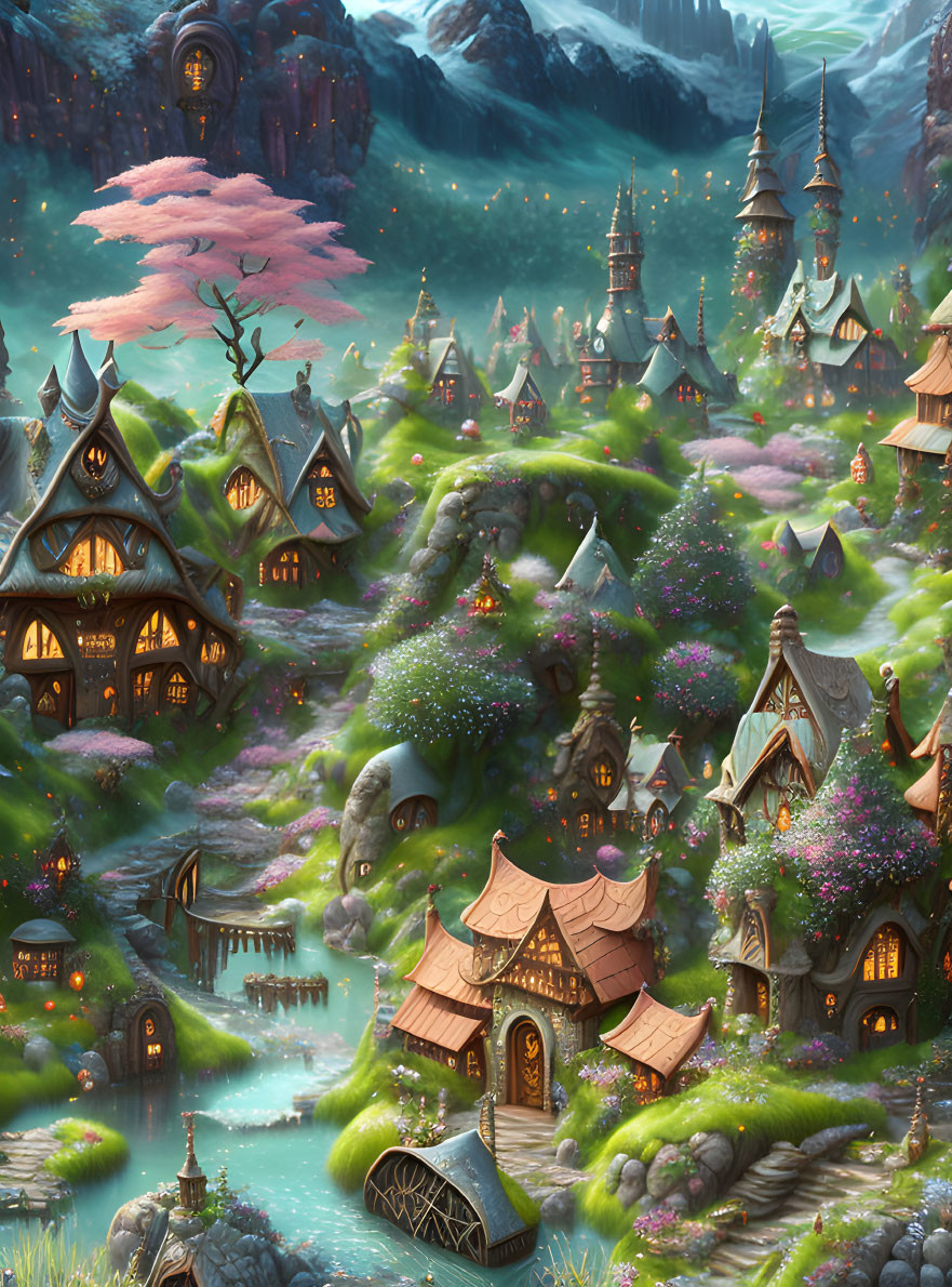 Whimsical fantasy village with pink tree and flowering landscapes