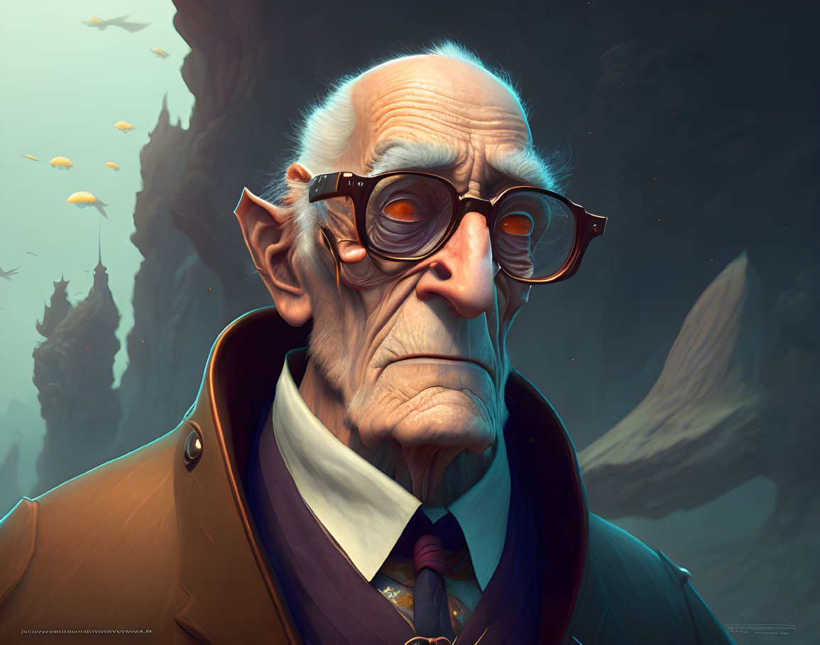 Elderly man in suit with glasses against fantastical rocky backdrop