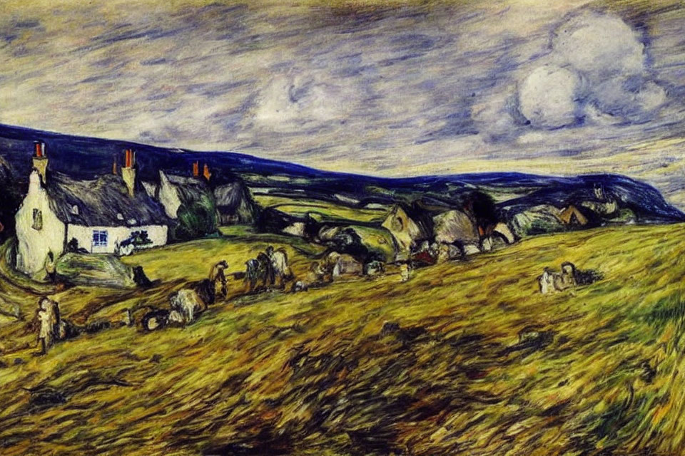 Vibrant Expressionist rural scene with white houses and grazing sheep