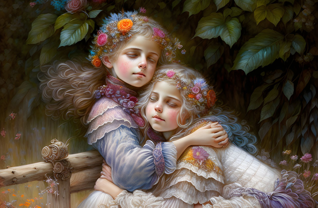 Children embracing in floral crowns sleep in lush foliage under warm sunlight.