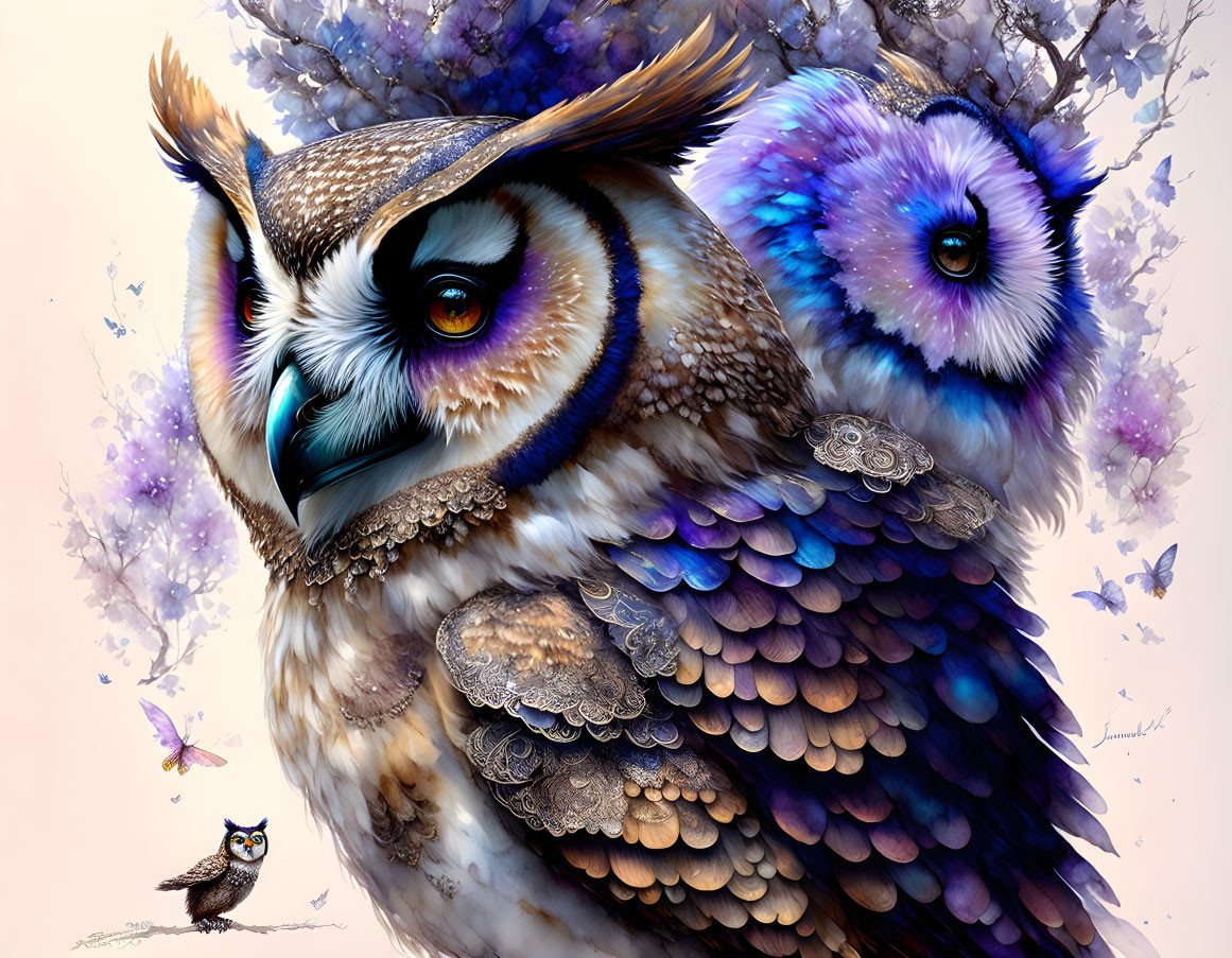 Vibrant digital artwork featuring stylized owls with intricate feather patterns