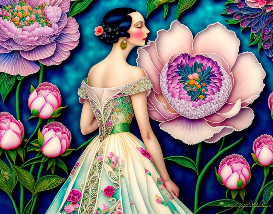 Stylized illustration of woman in floral gown with vibrant peonies.