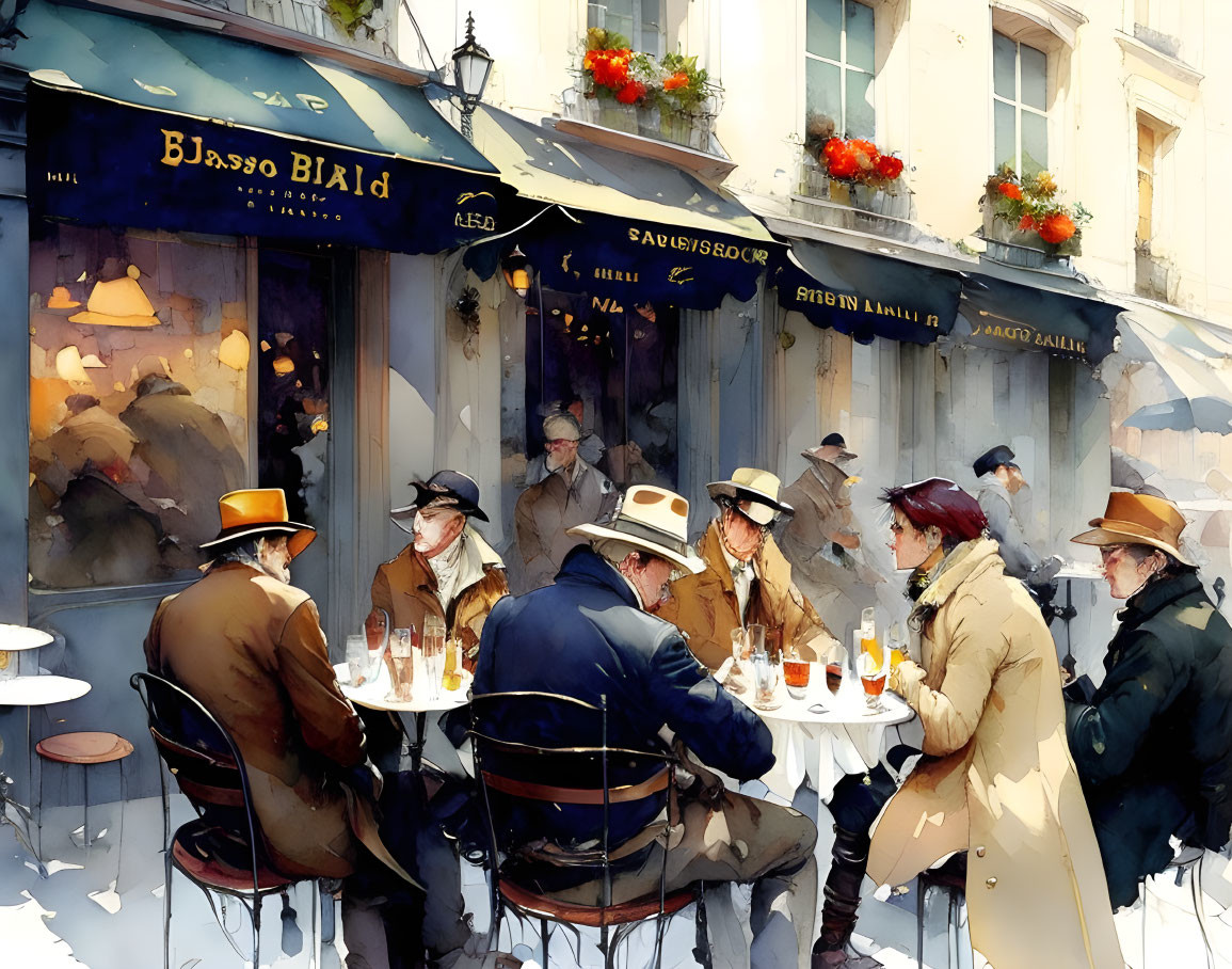 Illustration of outdoor dining at traditional European café