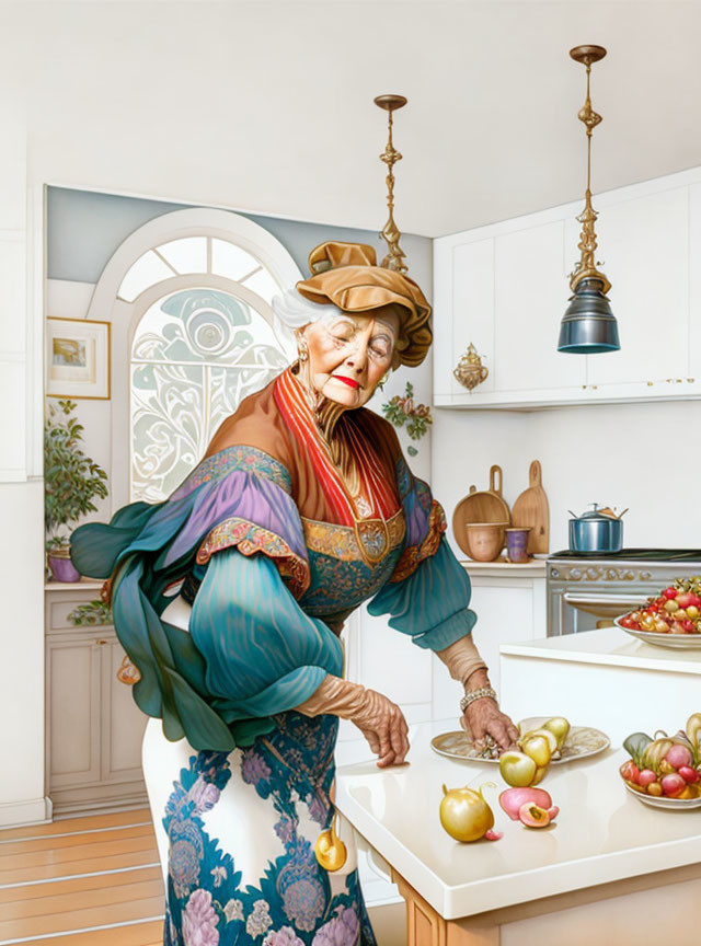 Elderly woman peeling apple in colorful kitchen