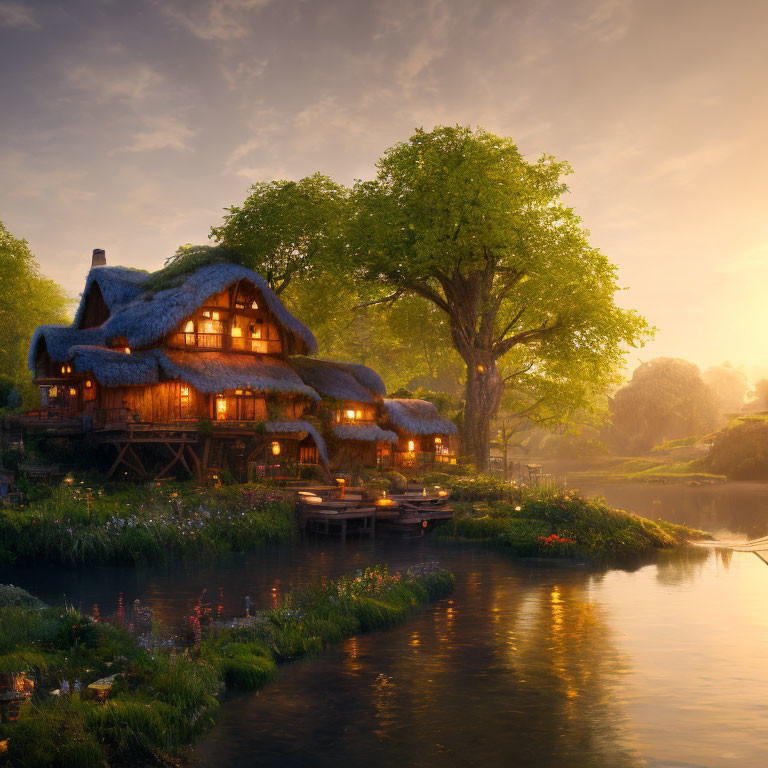 Thatched-Roof Cottage by Tranquil River at Sunrise