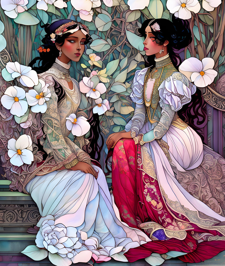 Two women in ornate traditional dresses among white flowers