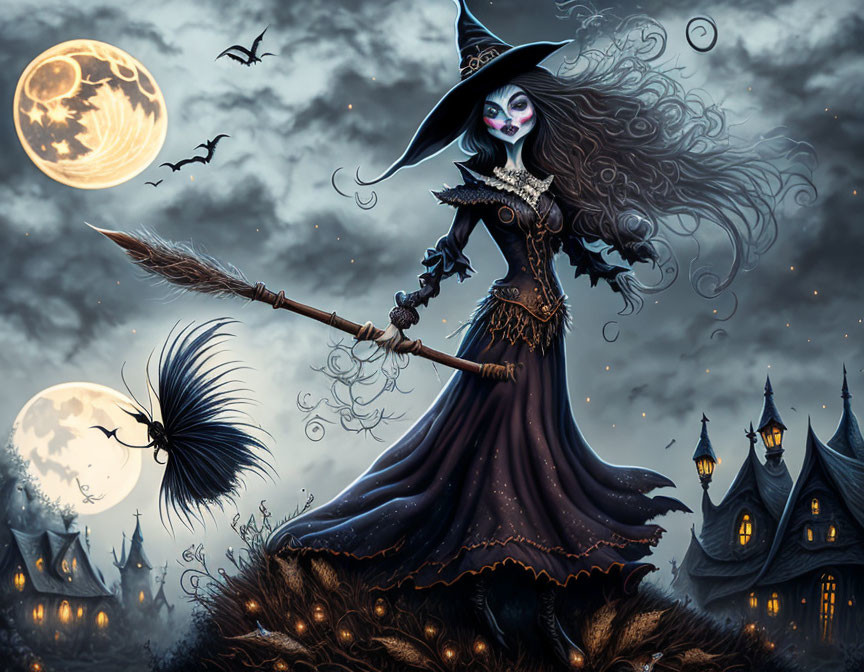 Gothic witch in dark dress under full moon, bats, spooky castle-like house