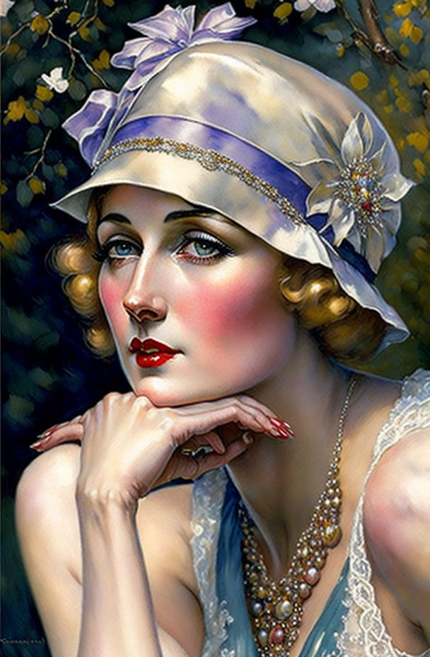 Portrait of woman in lavender hat with pearl necklace against floral backdrop