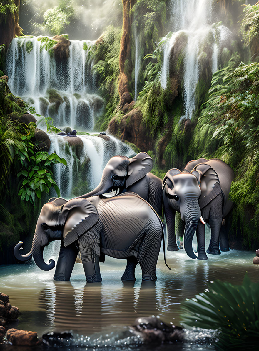 Elephants in river with lush waterfall and greenery