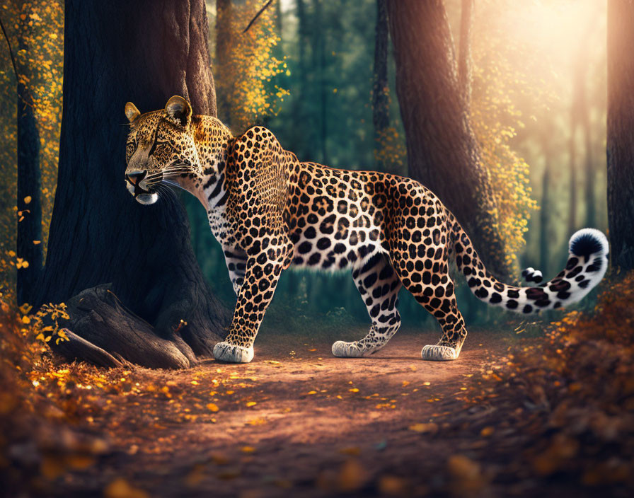 Majestic leopard in sun-dappled forest with intense gaze