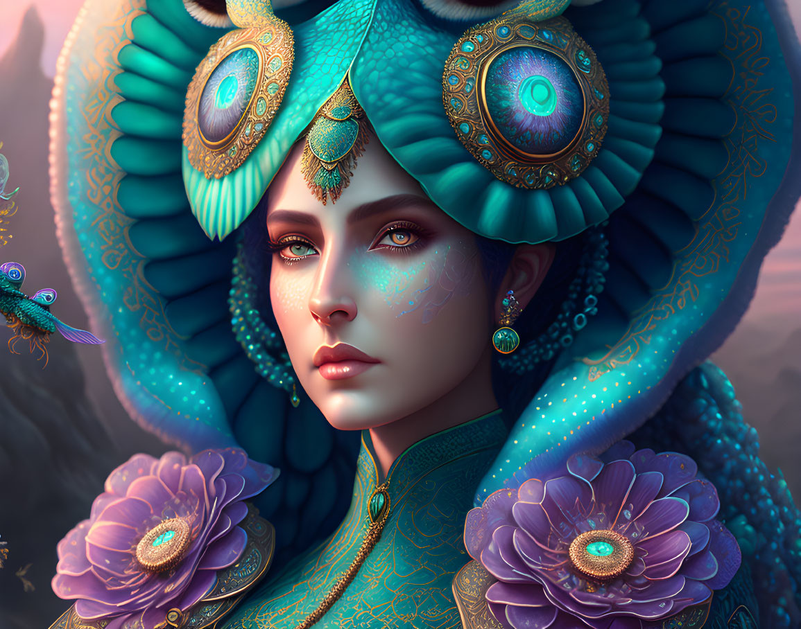 Woman portrait with turquoise and gold headdress and fantasy aesthetic