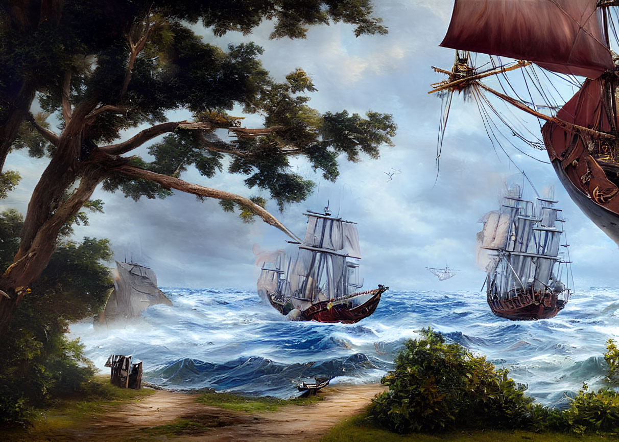 Stormy sea battle scene with tall ships and tattered sails, contrasted by serene shorefront.