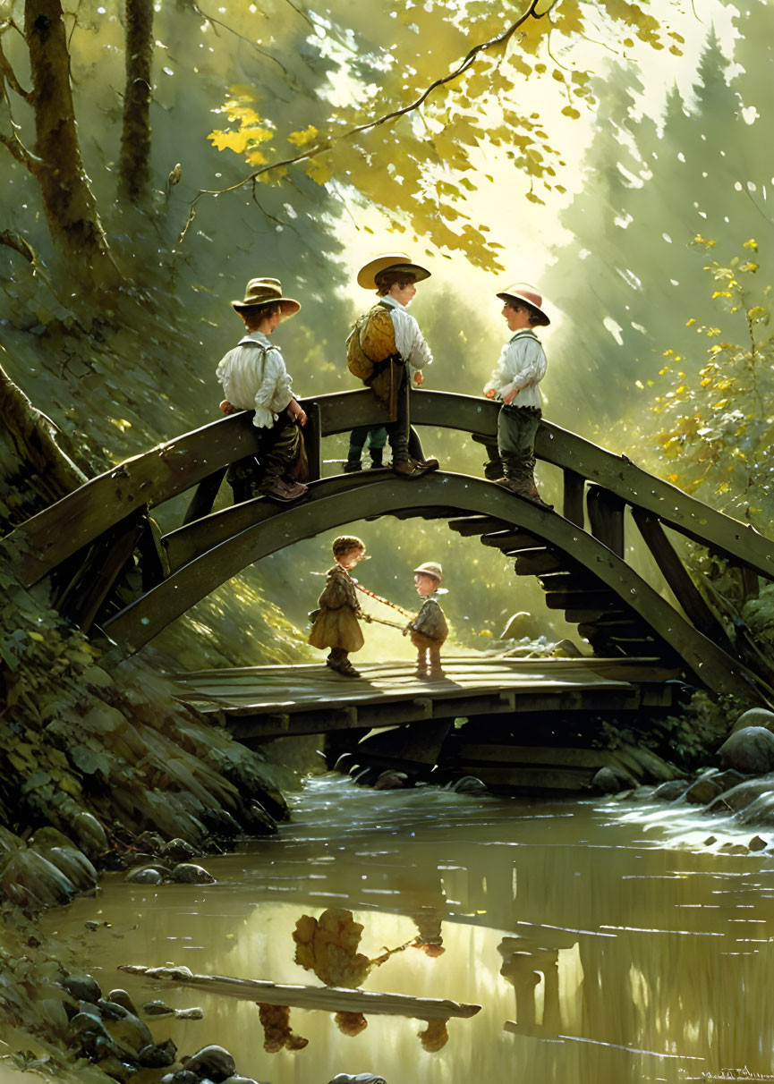 Vintage-attired children on wooden bridge in forest oasis