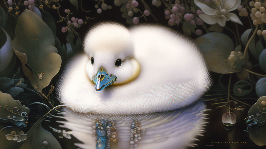 Yellow Duckling Nestled Among Green Foliage by Tranquil Water