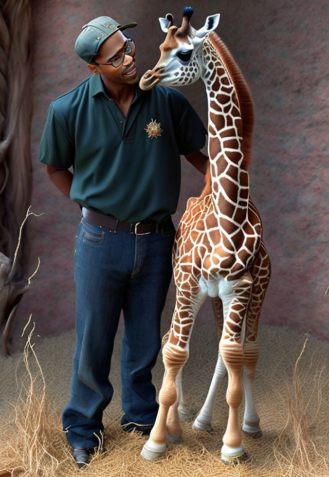 Uniformed man smiling at young giraffe indoors