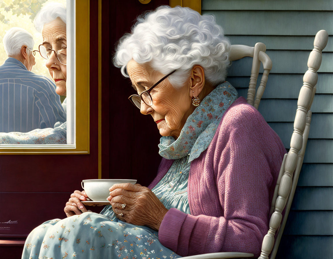 Elderly woman with white hair smiling, holding teacup, reflecting in window with older man