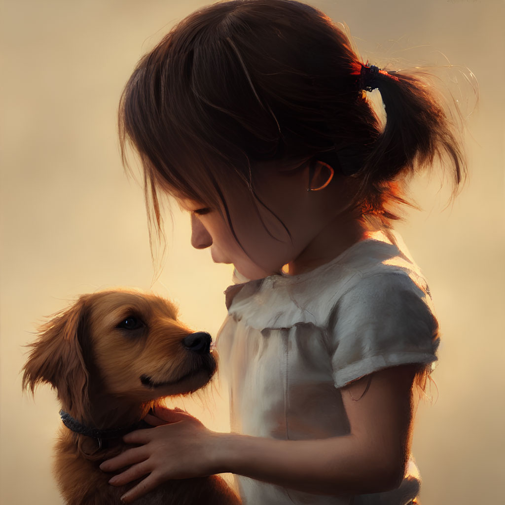 Young girl with ponytail petting brown dog under warm light