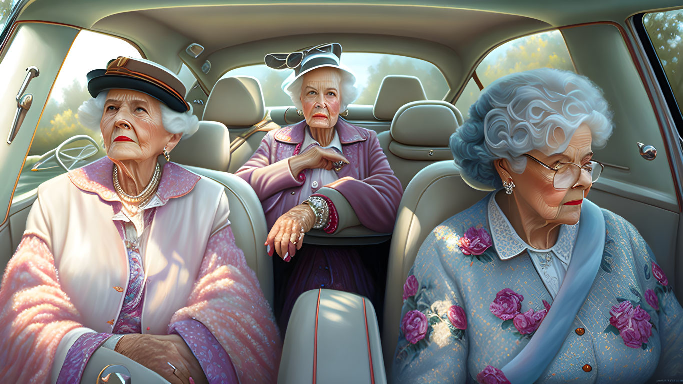 Elegantly Dressed Elderly Ladies in Car with Expressive Faces