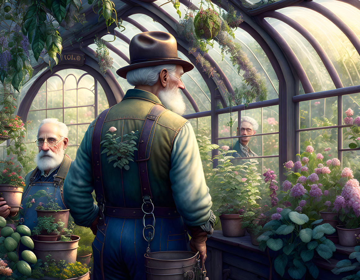 Elderly man tending plants in greenhouse with observer