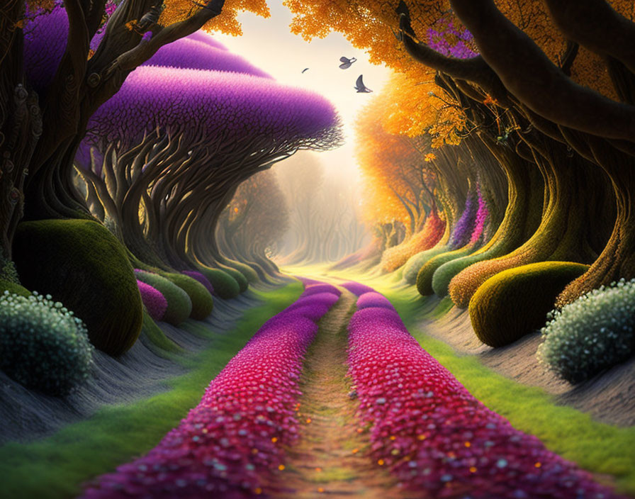 Enchanted forest pathway with colorful flora and birds