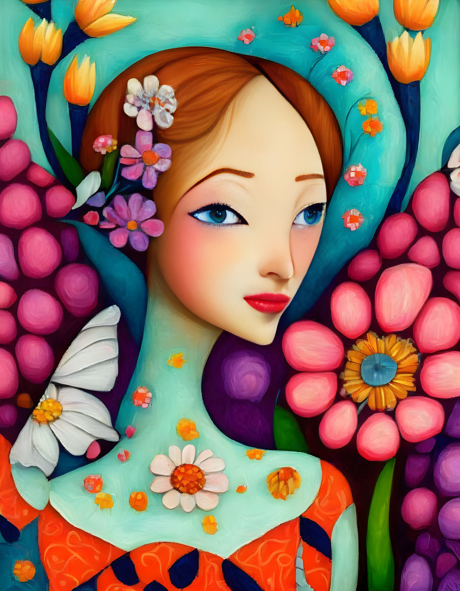 Colorful Woman Surrounded by Flowers and Butterfly