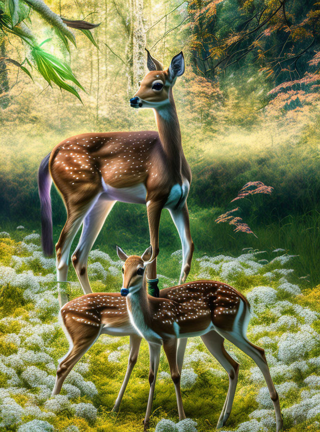 Spotted deer in lush green forest with fawn