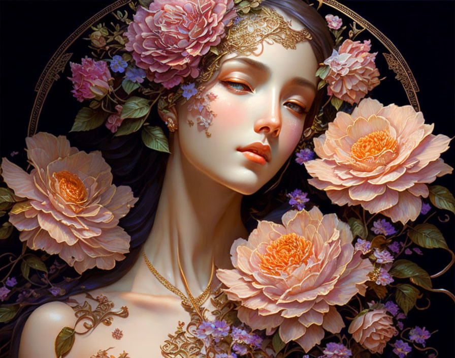 Digital artwork featuring elegant woman with floral and ornate jewelry.