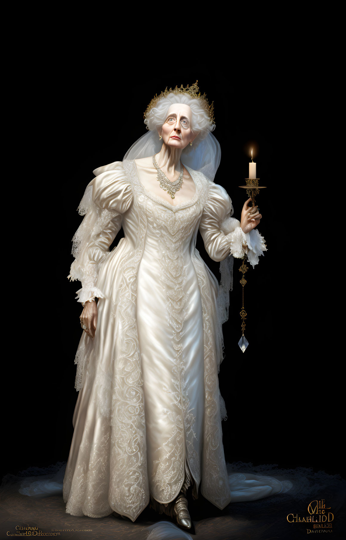 Elegant figure in white period dress holding candlestick with ghostly expression