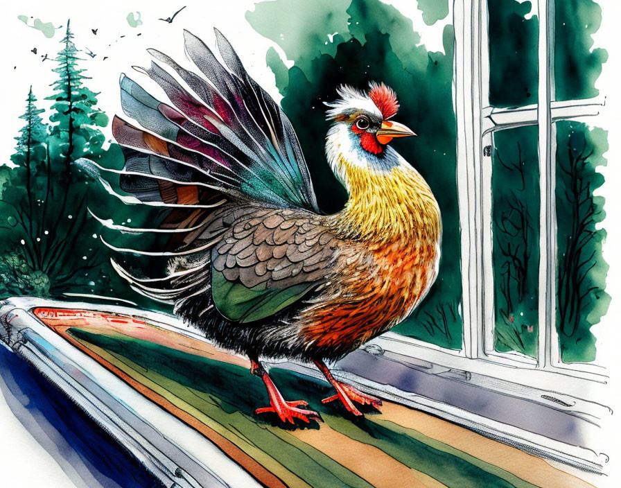 Colorful Bird Illustration Perched on Windowsill with Lush Tree Background