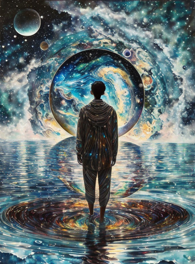 Person standing before cosmic portal on water surface with swirling galaxies and stars - surreal universe scene